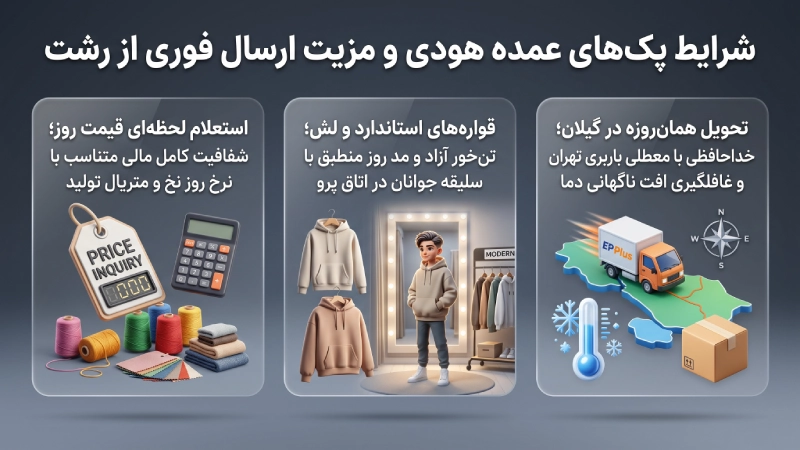 شرایط پکهای عمده هودی و مزیت ارسال فوری از رشت